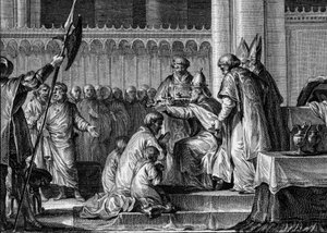 Sagrado Pipino el Breve (714-768), Basílica de Saint Denis, 28 de julio de 754: el Papa Esteban II lo consagró rey de los Francos y Patricio de los Romanos (Patricius Romanorum). A su lado, sus dos hijos, Carlomán y Carlos (el futuro Carlomagno). Grabado