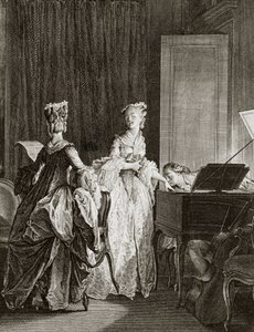 Saint Preux y Claire en el clavecín en “Julie ou la nouvelle Héloïse” por el filósofo suizo Jean Jacques Rousseau (1712-1778) - grabado por Moreau le jeune, Jean Michel (1741-1814) de Jean Michel the Younger Moreau