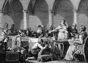 Reparto de los tesoros de Dagoberto I (602/605-638), Rey de los Francos, tras su muerte, bajo el control de los dos alcaldes del Palacio de Pipino de Landen y Aega. Grabado por Jean Michel Moreau, llamado Moreau el Joven (1741-1814) de Jean Michel the Younger Moreau