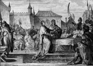 Sucesión de Pipino el Breve, 768: una asamblea decidió dividir el reino entre sus dos hijos, Carlomagno (747-814) y Carlomán (ca. 751-771), rompiendo así los arreglos hechos por Pipino el Breve. Grabado por Jean Michel Moreau, llamado Moreau le Jeune de Jean Michel the Younger Moreau