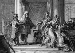 La Princesa de Aquitania, Lampagie, fue obligada por su padre (Eudes) a casarse con el capitán moro Munuza (Uthman ibn Naissa) para asegurar la paz con los sarracenos, 730. (grabado por Jean Michel Moreau, dit Moreau le Jeune)