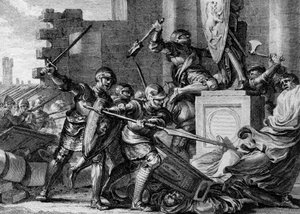 Guerra contra los sajones, 772: destrucción del templo y el ídolo de Irminsul, la deidad pagana de los sajones, por el ejército de Carlomagno. Ehresburg, Alemania. Grabado por Jean Michel Moreau, llamado Moreau le Jeune (1741-1814) de Jean Michel the Younger Moreau