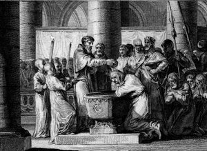 Guerra contra los sajones, 785: bautismo de Witikin de Sajonia (o Widukind, Wittekind). Derrotado por el ejército de Carlomagno, el líder de los sajones aceptó convertirse al catolicismo. Grabado por Jean Michel Moreau, llamado Moreau el Joven (1741-1814) de Jean Michel the Younger Moreau