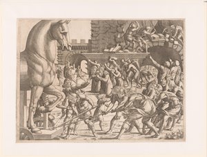 Trayendo el Caballo de Troya Historia de la Guerra de Troya (título de la serie) de Jean Mignon (attributed to)