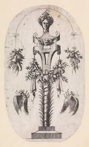 Diseño para un término con la cabeza de una mujer, correas y trofeos, 1535-55 de Jean Mignon