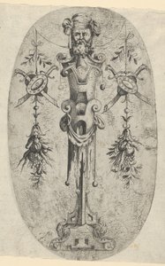 Figura terminal masculina, cabeza con barba y turbante en un pedestal de tres cuartos de Jean Mignon
