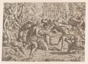 El traicionero Sinon llevado al campamento troyano por los pastores, 1535-1555 de Jean Mignon