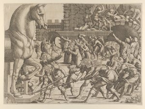 Los troyanos llevan el caballo de madera a su ciudad, 1535-55 de Jean Mignon
