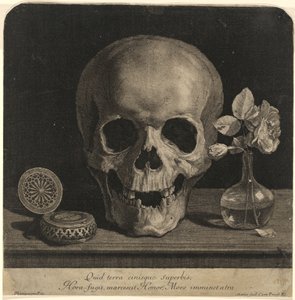 Naturaleza muerta con una calavera y un jarrón de rosas de Jean Morin, after Philippe de Champaigne