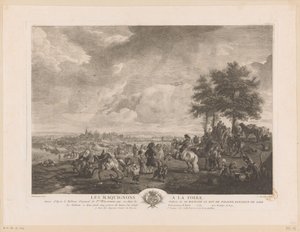 Paisaje con comerciantes de caballos en un mercado Les Maquignons à la Foire (título sobre objeto) Impresiones de pinturas de Philips Wouwerman (título de la serie) Oeuvres de Ph.pe Wouwermans Hollandois (título de la serie) de Jean Moyreau