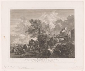 Paisaje con viajeros en una cascada. La cascada (título sobre objeto) Impresiones de pinturas de Philips Wouwerman (título de la serie) Oeuvres de Ph.pe Wouwermans Hollandois (título de la serie) de Jean Moyreau