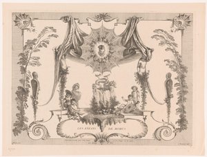 Diseño para artesonado con niños junto a una fuente. Les Enfans de Momus (título sobre objeto) Obra de Antoine Watteau (título de la serie) L