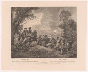 Procesión con soldados en su camino a una ciudad Défillé - Decursus (título sobre objeto) Obras de Antoine Watteau (título de la serie) El trabajo de Antoine Watteau, peintre du roy en son Académie roïale de peinture et sculpture (...) (título de la serie) de Jean Moyreau