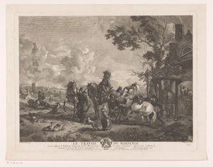 Jinetes en un herrador Le Travail du Marechal (título sobre objeto) Impresiones de pinturas de Philips Wouwerman (título de la serie) Oeuvres de Ph.pe Wouwermans Hollandois (título de la serie) de Jean Moyreau