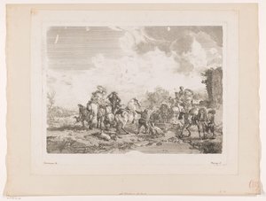 Partida de caza descansando junto a una fuente La Fontaine de Venus Impresiones de pinturas de Philips Wouwerman (título de la serie) Oeuvres de Ph.pe Wouwermans Hollandois (título de la serie) de Jean Moyreau