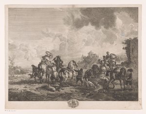 Partida de caza descansando junto a una fuente La Fontaine de Venus Impresiones de pinturas de Philips Wouwerman (título de la serie) Oeuvres de Ph.pe Wouwermans Hollandois (título de la serie) de Jean Moyreau
