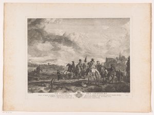 Partida de caza descansando en un paisaje Le Conseil des Chasseurs (título sobre el objeto) Impresiones de pinturas de Philips Wouwerman (título de la serie) Oeuvres de Ph.pe Wouwermans Hollandois (título de la serie) de Jean Moyreau