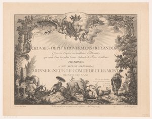 Lámina de título con figuras y animales en un paisaje, con el retrato de Philips Wouwerman Impresiones de pinturas de Philips Wouwerman (título de la serie) Oeuvres de Ph.pe Wouwermans Hollandois (título de la serie sobre el objeto)
