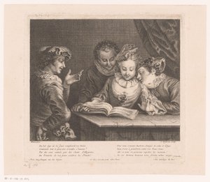 mujer joven, canto, y, tres, hombres jóvenes, en, un, mesa Obra de Antoine Watteau (título de la serie) L