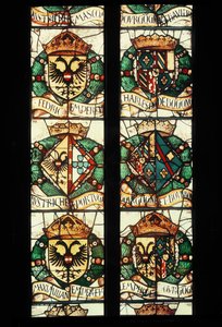Escudos heráldicos de las familias reales de Austria, Alemania, Francia y Portugal asociados con la donante, Margarita de Austria de Jean Orquois Antoine Noisin