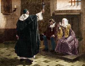El gran inquisidor español, Fray Tomás de Torquemada (1420-1498), entre los reyes católicos Fernando II e Isabel I de Castilla. de Jean Paul (after) Laurens