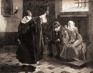 El gran inquisidor español, Fray Tomás de Torquemada (1420-1498), entre los reyes católicos Fernando II de Aragón e Isabel de Castilla de Jean Paul (after) Laurens