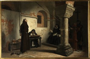 Bernard Delicieux (1260-1319) ante el Tribunal de la Inquisición - Pintura de Jean Paul (Jean-Paul) Laurens (1838-1921), óleo sobre lienzo, ca. 1881, 79x121 cm - (Bernard Delicieux ante el Tribunal de la Inquisición, Óleo sobre lienzo de Jean Paul Laurens)