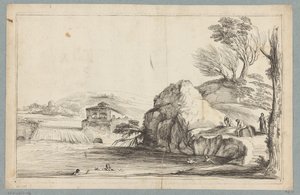 Paisaje con bañistas cerca de una pequeña cascada
Impresiones a partir de dibujos del gabinete Jabach (título de la serie) de Jean Pesne