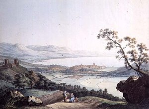 Vista de Ginebra desde Saconex en Saboya, grabado por Jean Philippe Linck II y Jacob Philippe Hackert (grabado) de Jean Philippe II (after) Linck
