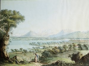 Vista del Mont Blanc con Ginebra en primer plano, grabado por Jean Philippe Linck II y Jacob Philippe Hackert de Jean Philippe II Linck