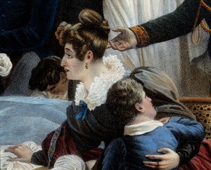 La muerte de Napoleón, 5/05/1821 en Santa Elena (detalle) representando a Fanny Bertrand, esposa de Henri Gatien Bertrand. Litografía de Jean Pierre Marie Jazet basada en la pintura de Charles Auguste Steuben. Château de Malmaison