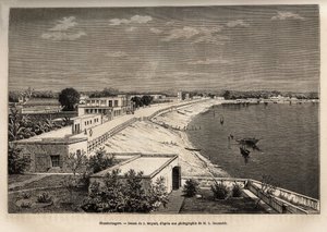 Chandernagor (actual Chandannagar, en Bengala Occidental), en las orillas del Ganges, grabado después del dibujo de J.Moynet, ilustrando el viaje en India de los Rajás, en 1864-1868, por Louis Rousselet, publicado en "Le tour du monde" 1874, editado por de Jean Pierre Moynet