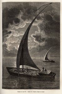 Las barcas del alto Nilo, tripulación reducida y pasajeros durmiendo en cubierta, a la luz de la luna, grabado después del dibujo de J.Moynet, ilustrando el viaje al corazón de África en 1868-1871, por el Dr. Georges Schweinfurth, publicado en “Le tour du  de Jean Pierre Moynet