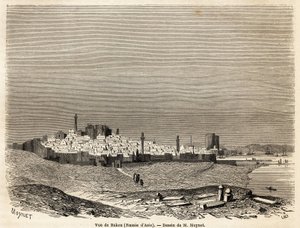 Vista de Bakú (Rusia, Azerbaiyán), dibujo de Mr. Moynet, para ilustrar el viaje a la costa del Mar Caspio, en octubre de 1858, por Mr. Moynet. Grabado en “Le tour du monde, nouveau journal des voyages” París