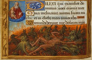 Libro de horas, detalle: Dives atormentado por demonios y observado por el alma de Lázaro, c. 1500