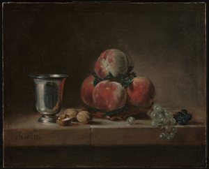 Naturaleza muerta con duraznos, una copa de plata, uvas y nueces