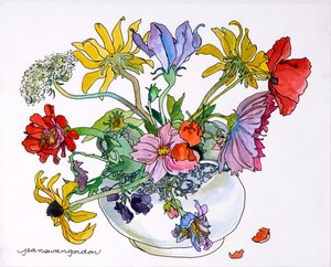 Black Eyed Susans, Queen Annes Lace  Cosmos in Blue  White China Bowl (acuarela y tinta sobre papel)
