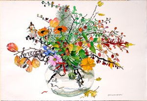 Plenitud del otoño en cuenco de cristal (acuarela y tinta sobre papel) de Jean Swan Gordon