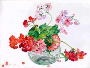 Geraniums at Ease in Glass Bowl (acuarela y tinta sobre papel) de Jean Swan Gordon