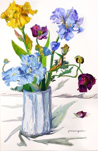 Iris, amapolas en jarrón de plata (acuarela y tinta sobre papel)