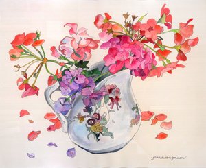 Spring Blossoms in Limoges Du Barry Creamer (acuarela y tinta sobre papel)