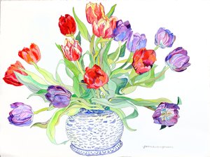 Tulips in Bowl With Painted Fish  Bird Design, 2006 (acuarela y tinta sobre papel)