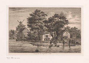 Vista del chaleco inglés en Amberes sobre el que se recogen troncos de árboles, edificios y un molino al fondo El chaleco inglés completado en 1867 (título sobre objeto) de Jean Théodore Joseph Linnig