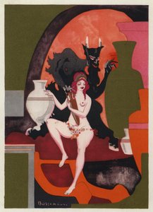 Los libros de amor de Ovidio: El amor, con las mejillas sonrojadas, sostiene en sus frágiles brazos el ánfora de Baco (litografía en color)