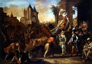 Llegada de los comediantes a Le Mans Pintura que ilustra "El Roman cómico" de Paul Scarron (1610-1660). Pintura de Jean-Baptiste (Jean Baptiste) Coulom (o Coulon) (ca. 1695-1735) de Jean de Coulom