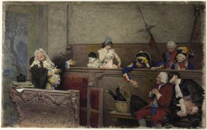 Juicio a Pierrot (acuarela y gouache, sobre grafito, sobre tabla crema)