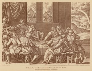 La vida en la corte francesa en tiempos de Catalina de Médicis (grabado en cobre) de Jean or Johann Sadeler