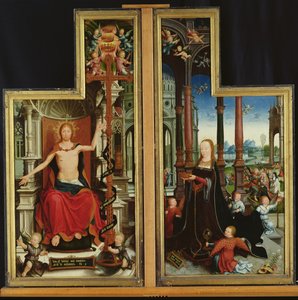 Políptico de la Glorificación de la Santísima Trinidad, paneles que representan a Cristo Entronizado y la Virgen, 1509-15