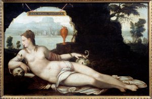 Eva Prima Pandora, representación de una mujer que combina las características de Eva y Pandora, quienes trajeron todo el mal a la tierra. Pintura (Vanitas) de Jean Cousin llamado el Padre (1490-1560) siglo XVI de Jean the Elder Cousin