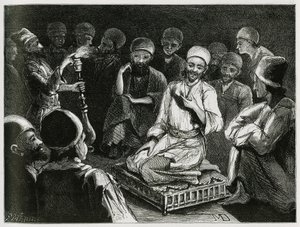 Narrador persa rodea a su audiencia. Grabado por el autor Viajero, para ilustrar la historia "Persia, Caldea y Susiana" de Jeanne Dieulafoy